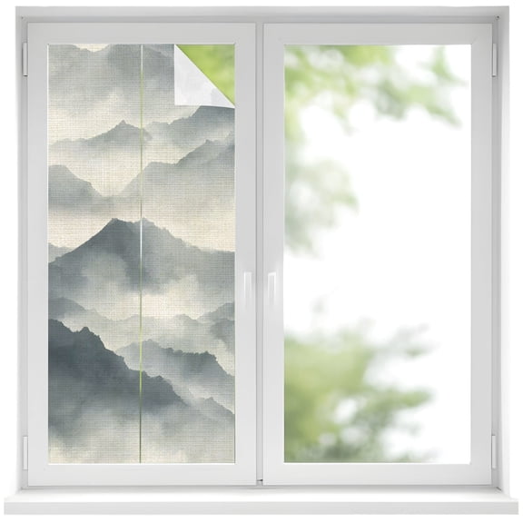 Mountain Peak Window Privacy Film, Modern Mist Gray Ink Wash Gradient Fog Country Frosted Glass Window Clings Static Cling UV Heat Blocking Reusable Door Sticker for Bathroom 19.6 x 39.3 Inch