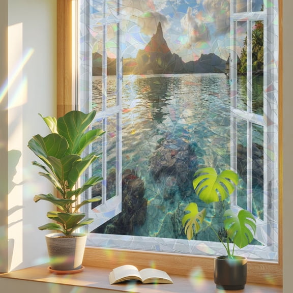 Mountain Peak Window Privacy Film, Summer Tropical Casement Window Sunset Sky Aqua Static Cling Stained Glass Window Sticker Decorative Removable Rainbow Film for Glass 29.5”x78.7”