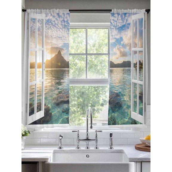 Mountain Peak Window Sheer Curtain Summer Tropical Casement Window Sunset Sky Aqua Semi Curtain Sheers Light Filtering Rod Pocket Voile Drapes for Bedroom Kitchen Living Room 52 X 63 Inch, 2 Panels