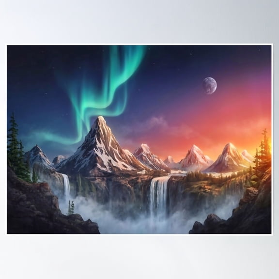 Mountain Peaks And Waterfalls Poster Wall Art, Modern Wall Decor, 8x12 UNFRAMED