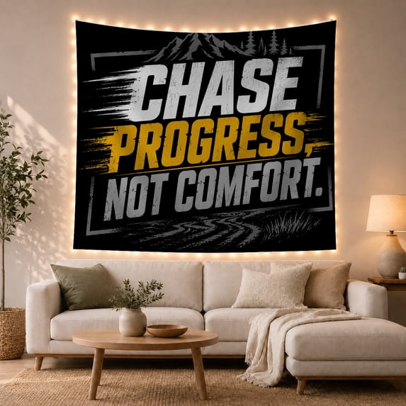 Mountain Peaks on Distressed Black Background, Inspirational Abstract for Fitness Enthusiasts, Typography Art Decor, Housewarming Gift Tapestry Wall Hanging for Bedroom and Living Room