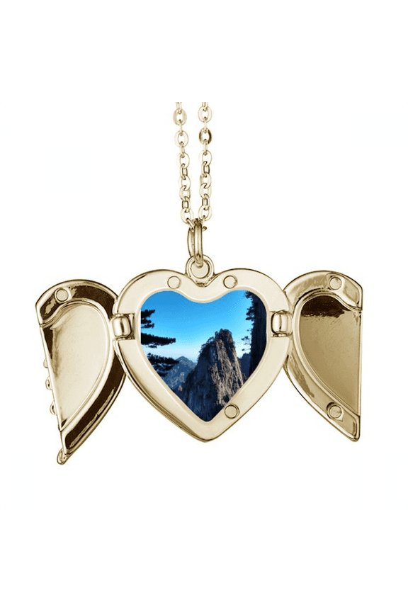 Mountain Peaks Pine Trees Folded Wings Peach Heart Pendant Necklace