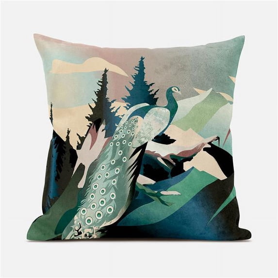 Mountain Peaock Indoor/Outdoor Pillow with Removable Cover in Green Blue Brown Pink18x18