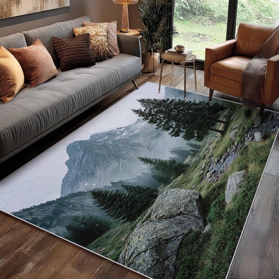 Mountain Pine Tree Area Rugs, Nature Landscape Carpet, Washable Non Slip Low Pile Soft Rug for Bedroom Living Room Decor Mat 2ftx3ft