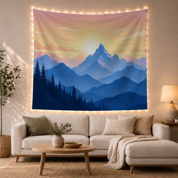 Mountain Above Pines at Golden Sunset, Serene Digital Art for Nature Lovers, Mountain Landscape Decor, Housewarming Gift, Tapestry Wall Hanging for Bedroom and Living Room