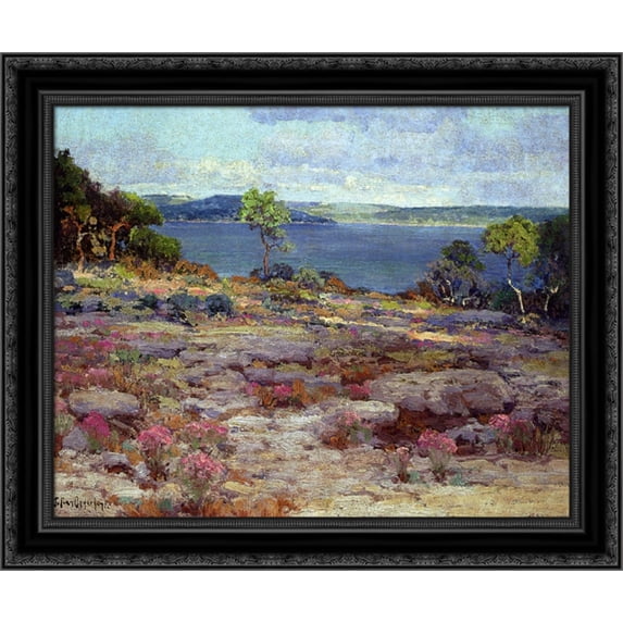 Mountain Pinks in Bloom, Medina Lake, Southwest Texas 24x20 Black Ornate Wood Framed Canvas Art by Onderdonk, Robert Julian