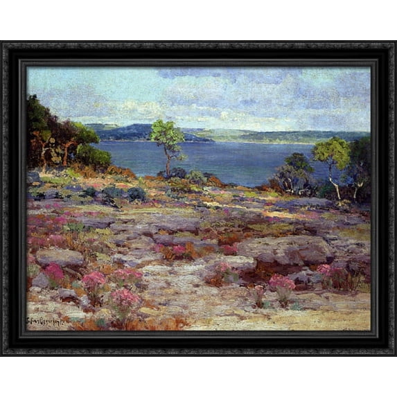 Mountain Pinks in Bloom, Medina Lake, Southwest Texas 36x28 Large Black Ornate Wood Framed Canvas Art by Robert Julian Onderdonk