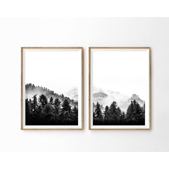 Mountain Prints Forest Print Black and White Nordic Landscape Photo Set 2 Unframed Paper Print 12x18