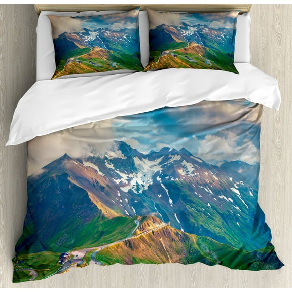 Mountain Queen Size Duvet Cover Set, Grossglockner High Alpine Road in Austria European Landscape Wanderlust Theme, Decorative 3 Piece Bedding Set with 2 Pillow Shams, Multicolor, by Ambesonne