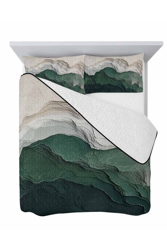 Mountain Range 3 Piece Quilt Set Full Size, Green Beige Topography Ridges Layered Texture Soft Bedspread Coverlet Bedding Set Microfiber Lightweight Comforter Set with 2 Pillowcases for Bedroom