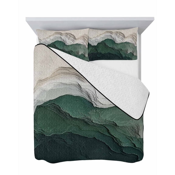 Mountain Range 3 Piece Quilt Set Twin Size, Green Beige Topography Ridges Layered Texture Soft Bedspread Coverlet Bedding Set Microfiber Lightweight Comforter Set with 2 Pillowcases for Bedroom