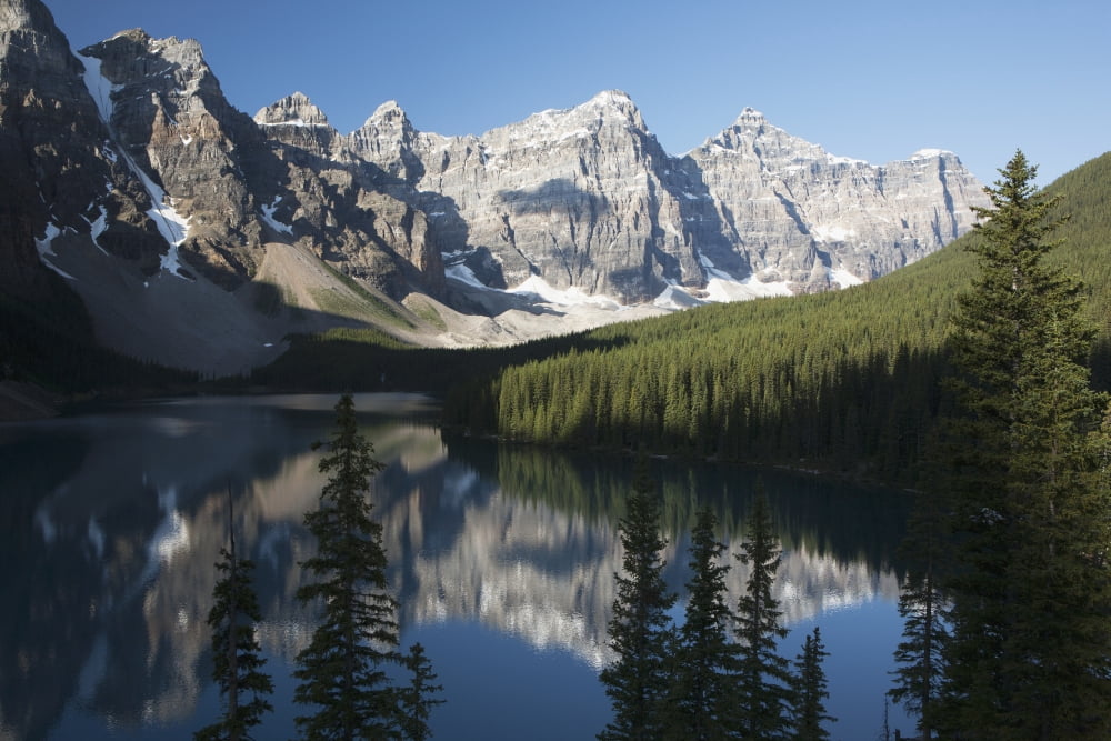 Mountain Range And Lake Reflection With Blue Sky Alberta Canada Canvas Art - Michael Interisano Design Pics (38 x 24)