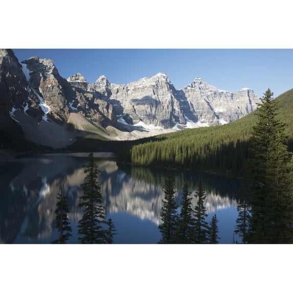 Mountain Range And Lake Reflection With Blue Sky; Alberta Canada Poster Print (19 x 12)