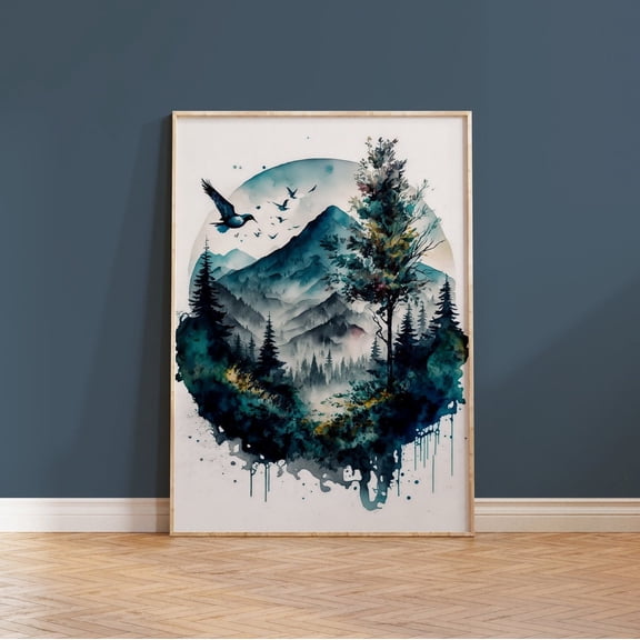 Mountain Range Circular Nature Blue Wilderness Art, Unframed Paper Poster 8x10in