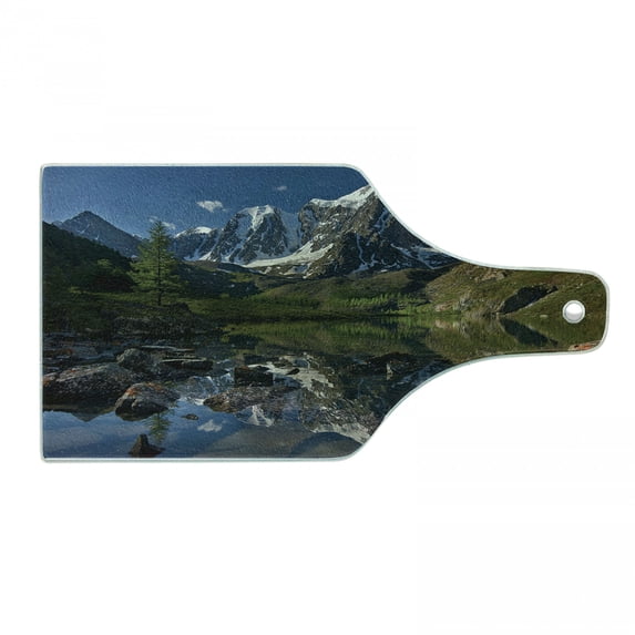Mountain Range Cutting Board, Pastoral Nature Snowy Alps Peaks with Lake Creek River Idyllic Spring Scene, Decorative Tempered Glass Cutting and Serving Board, in 3 Sizes, by Ambesonne