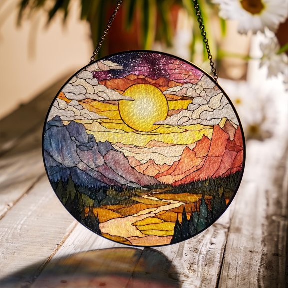 Mountain Range Glass Suncatcher, Window Hanging, Sunset Mountain Art, 7.9 in