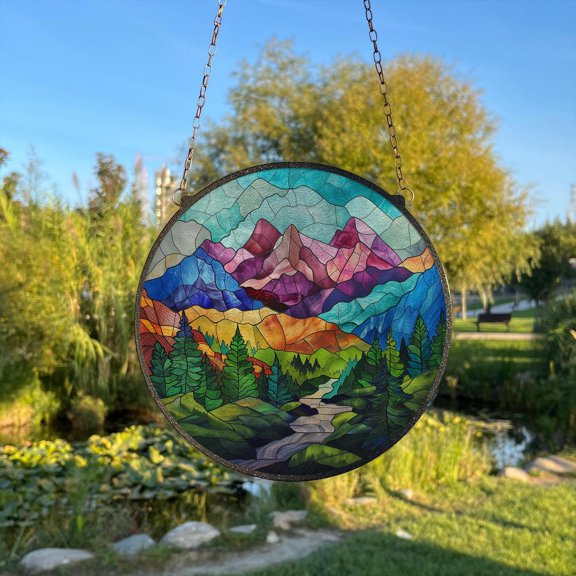Mountain Range Glass Suncatcher v12, Nature Landscape Window Art, Scenic Home Decor, 3.5 in