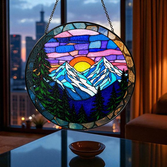 Mountain Range Glass Suncatcher v13, Scenic Nature Window Art, Landscape Home Decor, 3.5 in