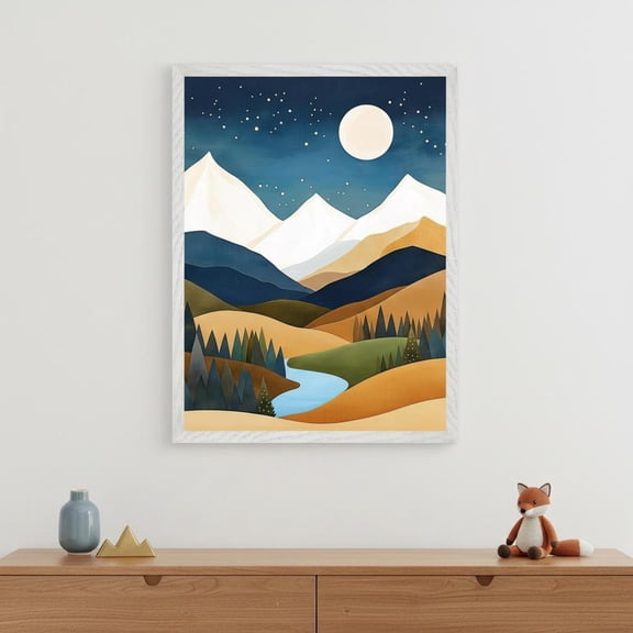 Mountain Range Minimalist Wall Art Full Moon Night Sky Decor Abstract Landscape Print Boho