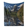 thumbnail image 1 of Mountain Range Soft Flannel Fleece Blanket, Pastoral Nature Snowy Alps Peaks with Lake Creek River Idyllic Spring Scene, Cozy Plush for Indoor and Outdoor Use, 60" x 80", Green White, by Ambesonne, 1 of 6