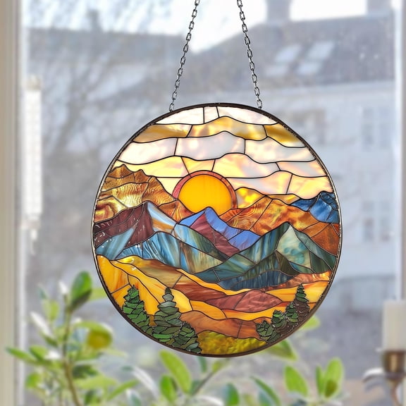 Mountain Range Stained Glass Suncatcher, Art Panel, Colorful Light Catcher, Nature Landscape Decor, Birthday Gift for Her, Window Home Decor
