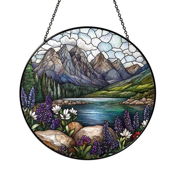 Mountain Range Stained Glass Window Panel Decorative Glass Art for Home Display