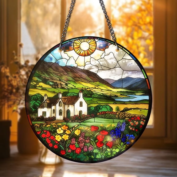 Mountain Range Stained Glass Window Panel - Stained Glass Art, Scenic Landscape Design, Nature Inspired Handmade, Home Decor Gift for Nature Lovers, Window Hanging Wall Decor