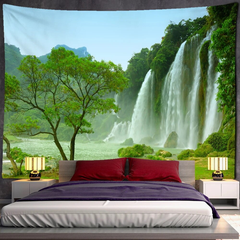 Mountain Range and Waterfall Blue Sky White Cloud Lscape Guest Room ...