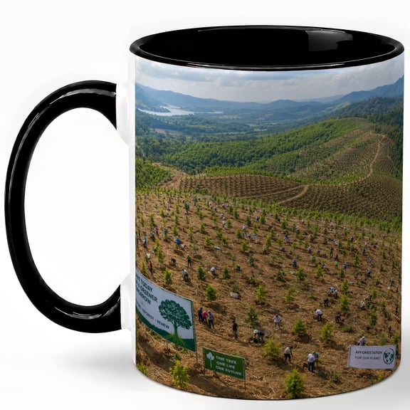 Mountain Reforestation Coffee Mug, Tree Planting Landscape Nature Design, 11 oz Ceramic Cup