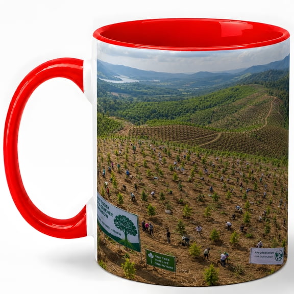 Mountain Reforestation Coffee Mug, Tree Planting Landscape Nature Design, 11 oz Ceramic Cup