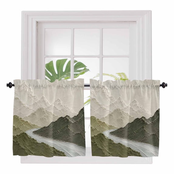 Mountain Ridge 2 Panel Kitchen Curtains for Small Windows, Autumn Green Natural River Retro Relief Bathroom Tier Curtain, Short Window Treatment for Bedroom/Living Room 55"x24"