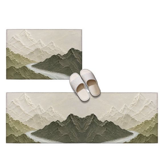 Mountain Ridge 2 Pieces Non-Slip Kitchen Mat Set, Rustic Nature Green Heavy Palette Knife Relief Soft Door Mat with Rubber Backing, Dirtproof Rugs for Entrance Doorway, 23.6x35.4in+23.6x70.9in