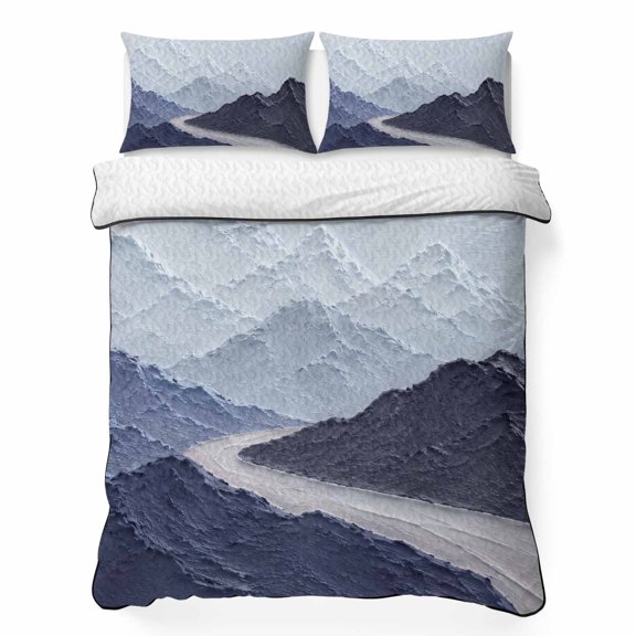 Mountain Ridge 3 Piece Quilt Bedding Set with 2 Pillow Shams, Rustic Nature Blue Heavy Palette Knife Relief Lightweight Bedspread Coverlet, Soft Breathable All Season Quilt, 96 x 106 Inch