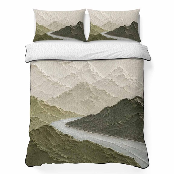 Mountain Ridge 3 Piece Quilt Bedding Set with 2 Pillow Shams, Rustic Nature Green Heavy Palette Knife Relief Lightweight Bedspread Coverlet, Soft Breathable All Season Quilt, 96 x 106 Inch