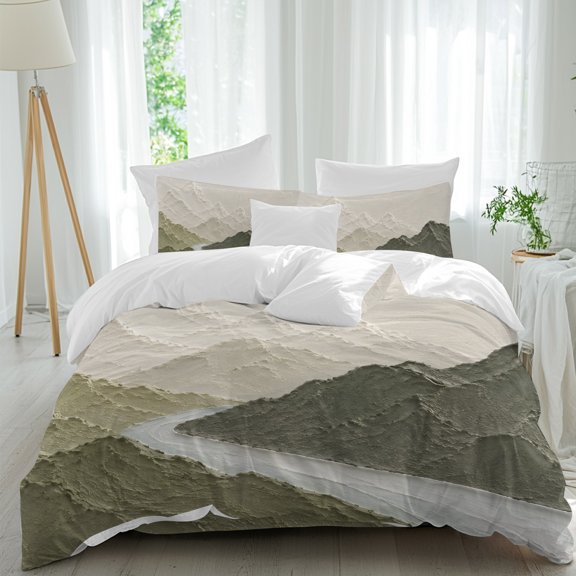 Mountain Ridge Bedding Duvet Cover Set California King Size 4 Pieces, Rustic Nature Green Heavy Palette Knife Relief Bedding Set, 1 Comforter Cover 96x104 Inches 1 Flat Sheet & 2 Pillow Cases