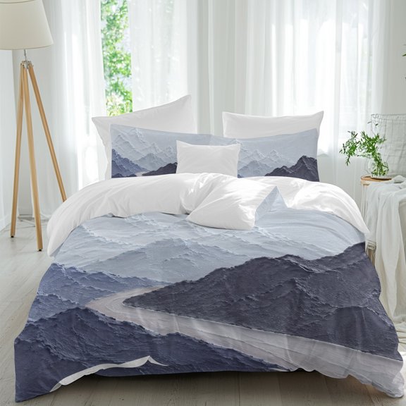 Mountain Ridge Bedding Duvet Cover Set Full Size 4 Pieces, Rustic Nature Blue Heavy Palette Knife Relief Bedding Set with Zipper Closure, 1 Comforter Cover 86x90 Inches 1 Flat Sheet & 2 Pillow Cases