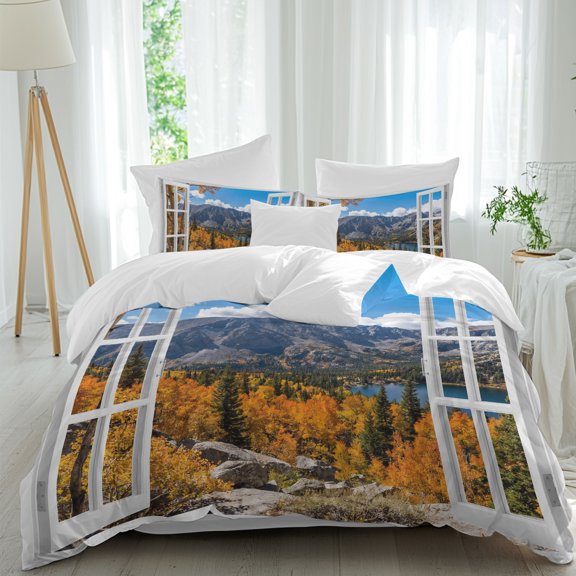 Mountain Ridge Bedding Duvet Cover Set Full Size 4 Pieces, Rustic Orange Gray Wilderness Forest View Window Bedding Set with Zipper, 1 Comforter Cover 86x90 Inches 1 Flat Sheet & 2 Pillow Cases
