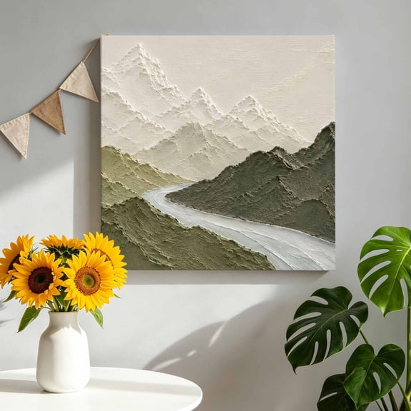 Mountain Ridge Canvas Wall Art, Rustic Nature Green Heavy Palette Knife Relief Framed Picture Canvas Wall Art Print Decor Artwork Decorations for Living Room Bedroom Ready to Hang 10" x 10"