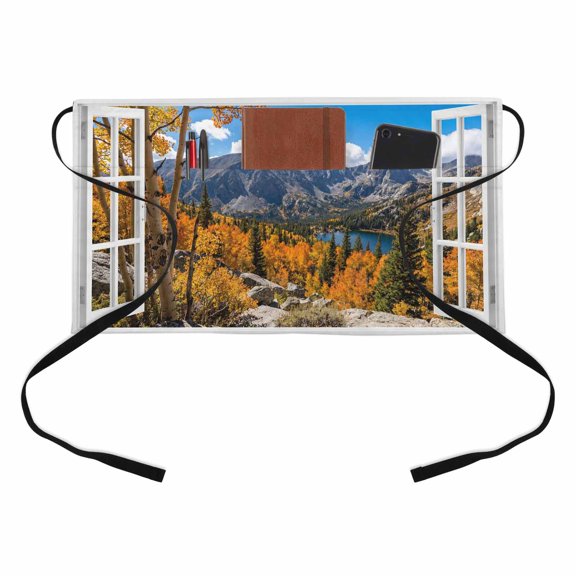 Mountain Ridge Kitchen Restaurant Half Waist Apron, Rustic Orange Gray Wilderness Forest View Window Server Short Apron with 3 Pockets Waterproof Oil Waist Aprons for Women Waitress Waiter
