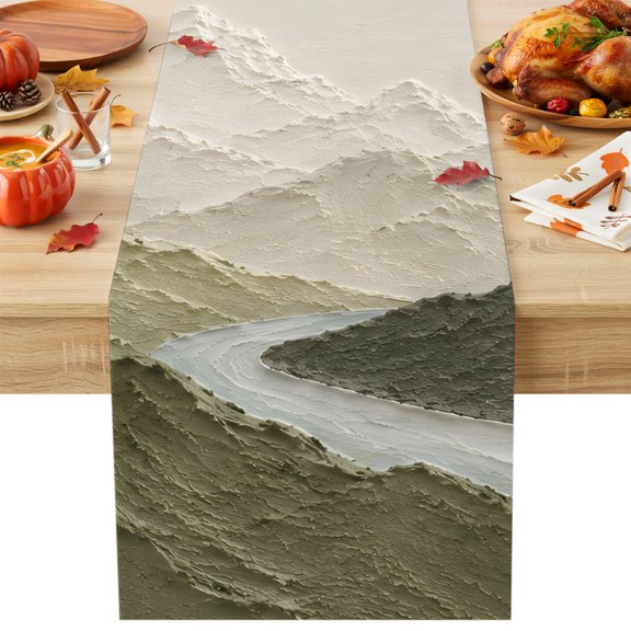 Mountain Ridge Table Runner 13x48 Inch Rustic Nature Green Heavy Palette Knife Relief Table Runner Non-Slip Dresser Scarves for Holiday Decorations, Autumn Party, Dinner and Gatherings, 1 Pack