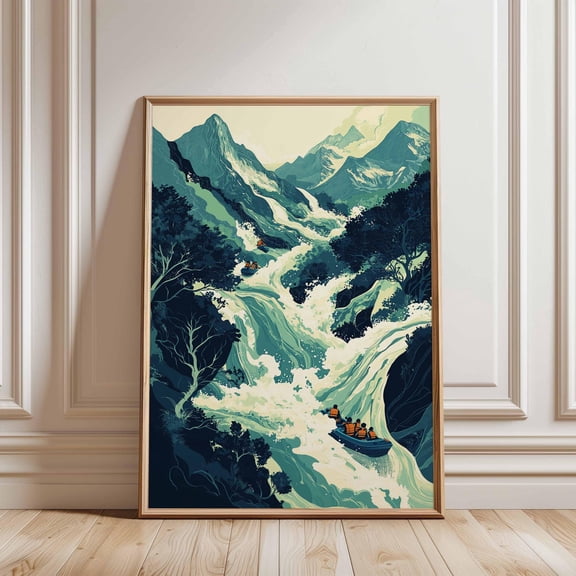 Mountain River Adventure Poster Green Landscape Wall Art White Water Rafting Nature Print