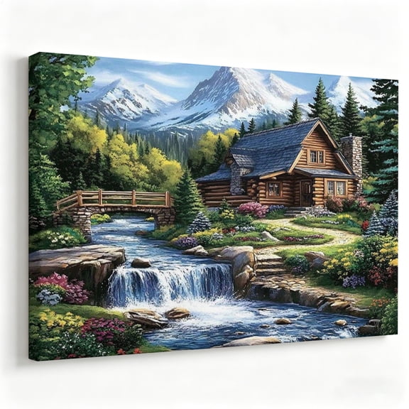 "Mountain River Cabin" Majestic Landscape Canvas Art, Rustic Log Hut Wild Nature Painting Print, Matte Finish Gallery Wrapped Living Room Decor 8*12