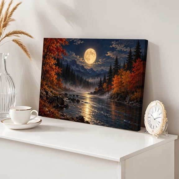 Mountain River Crescent Moon 12"x16" Wall Art Autumn Forest Water Dramatic Night Canvas Wall Decor for Living Room Bedroom Modern Abstract Painting Prints Aesthetic Framed Artwork Home Decor