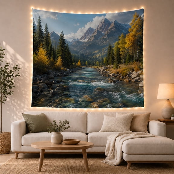Mountain River in Golden Valley Beneath Snowy Peaks, Serene Digital Art for Nature Lovers, Alpine Wall Art, Housewarming Gift, Tapestry Wall Hanging for Living Room and Den