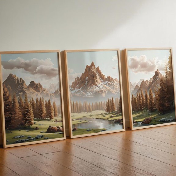 Mountain River Landscape Print Set Snowy Pine Forest Triptych Wall Art Poster Set 3