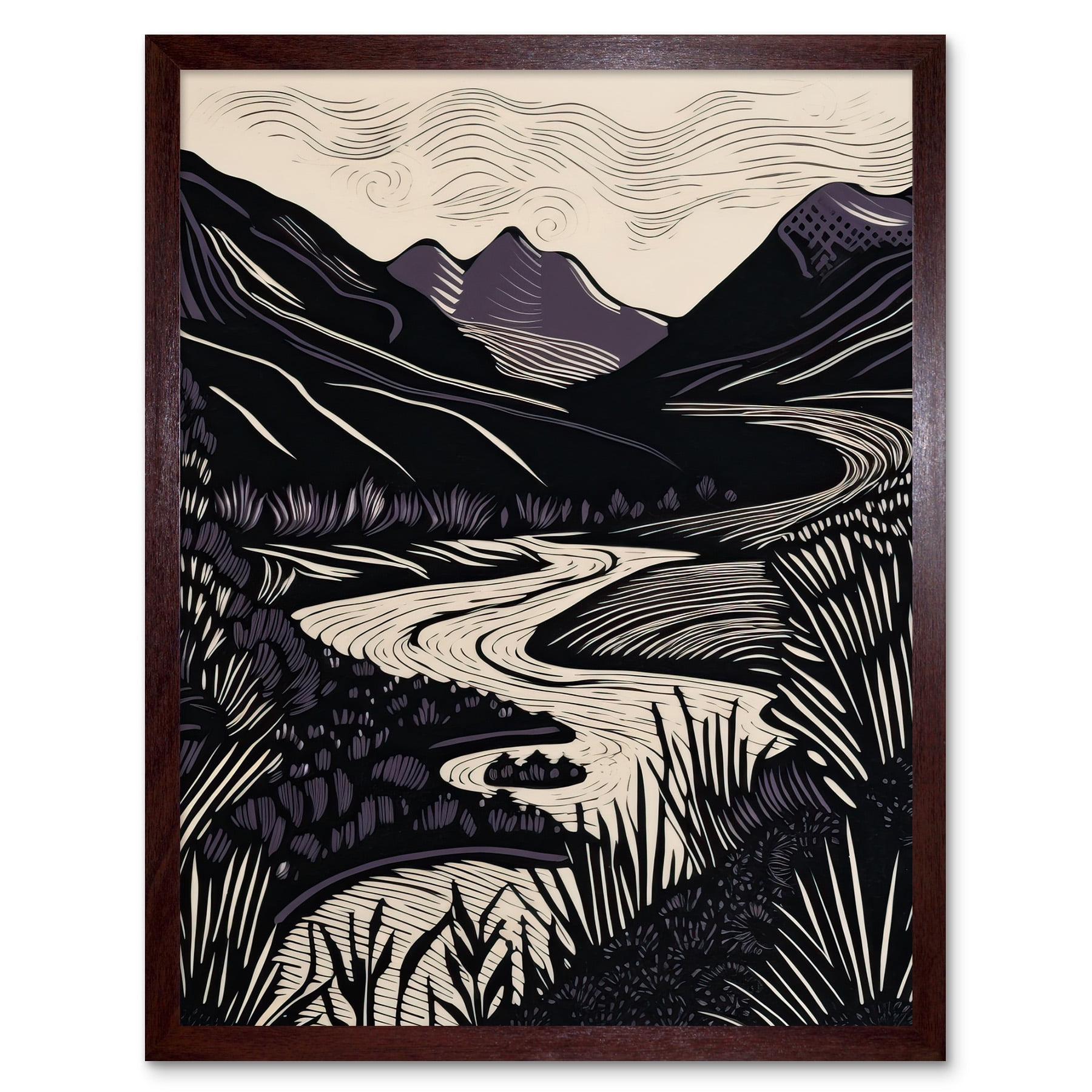 アート・デザイン・音楽 Black Mountain Mountain River Landscape Purple and Black Linocut Extra Large XL