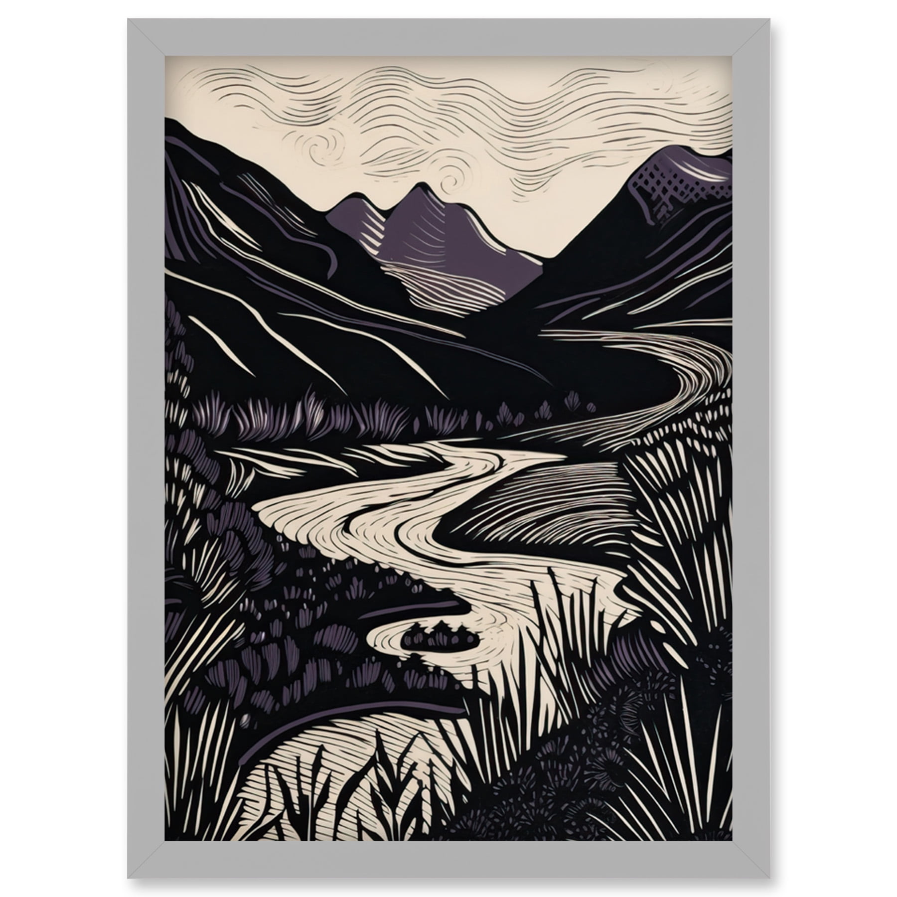 Mountain River Landscape Purple and Black Linocut Artwork Framed