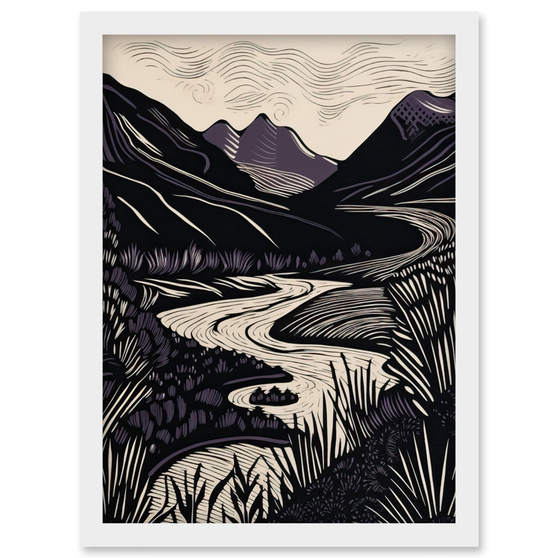 アート・デザイン・音楽 Black Mountain Mountain River Landscape Purple and Black Linocut Artwork Framed