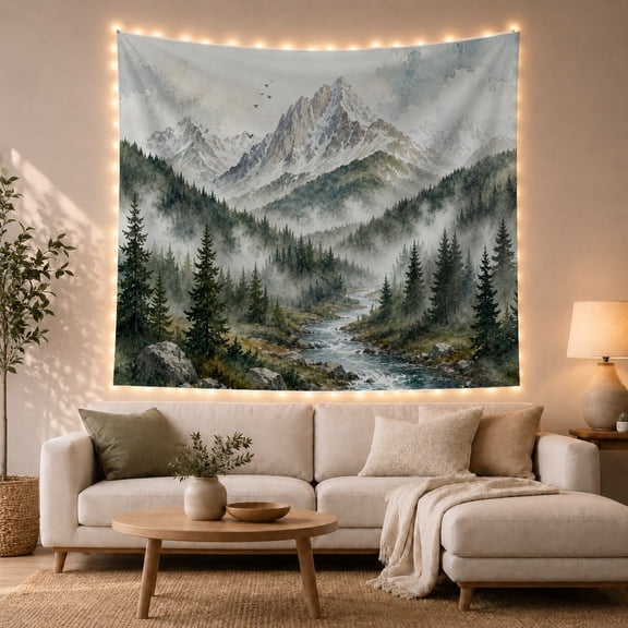 Mountain River Through Misty Evergreen Valley, Serene Watercolor for Nature Lovers, Wilderness Wall Art, Housewarming Gift, Tapestry Wall Hanging for Bedroom and Living Room