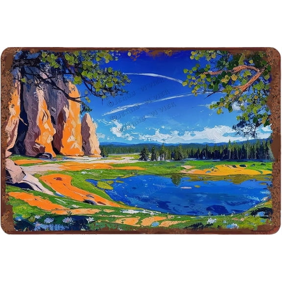 Mountain River Natural Landscape Retro Aluminum Sign 12x8 in Metal Tin Sign Nature Wall Decor Rustic Beach Wall Plate for Cafes Club Pub Man Cave Garden Garage Wall Sign Gifts